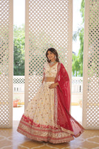 Lorenvalley Cream Pure Viscose Jacquard with 2D Dyeing and Embroidered Sequins work Lehenga Choli | Grocsy