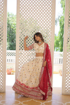Lorenvalley Cream Pure Viscose Jacquard with 2D Dyeing and Embroidered Sequins work Lehenga Choli | Grocsy