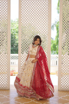 Lorenvalley Cream Pure Viscose Jacquard with 2D Dyeing and Embroidered Sequins work Lehenga Choli | Grocsy