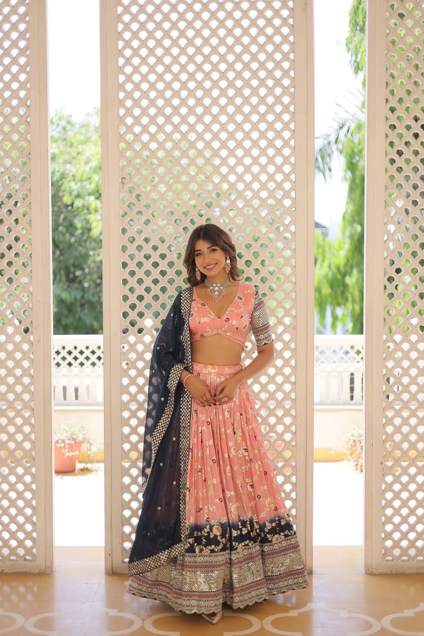 Lorenvalley Peach Pure Viscose Jacquard with 2D Dyeing and Embroidered Sequins work Lehenga Choli | Grocsy