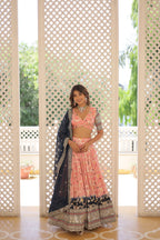 Lorenvalley Peach Pure Viscose Jacquard with 2D Dyeing and Embroidered Sequins work Lehenga Choli | Grocsy