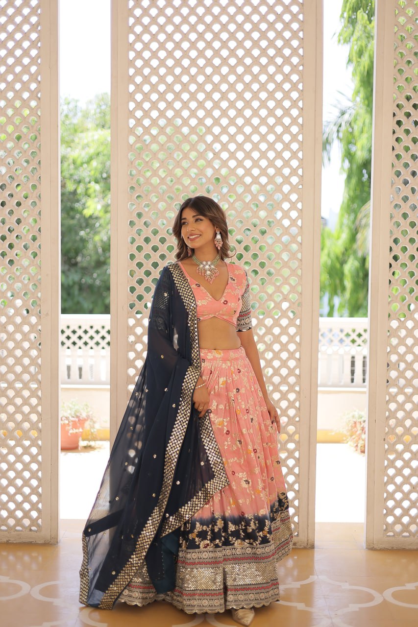 Lorenvalley Peach Pure Viscose Jacquard with 2D Dyeing and Embroidered Sequins work Lehenga Choli | Grocsy