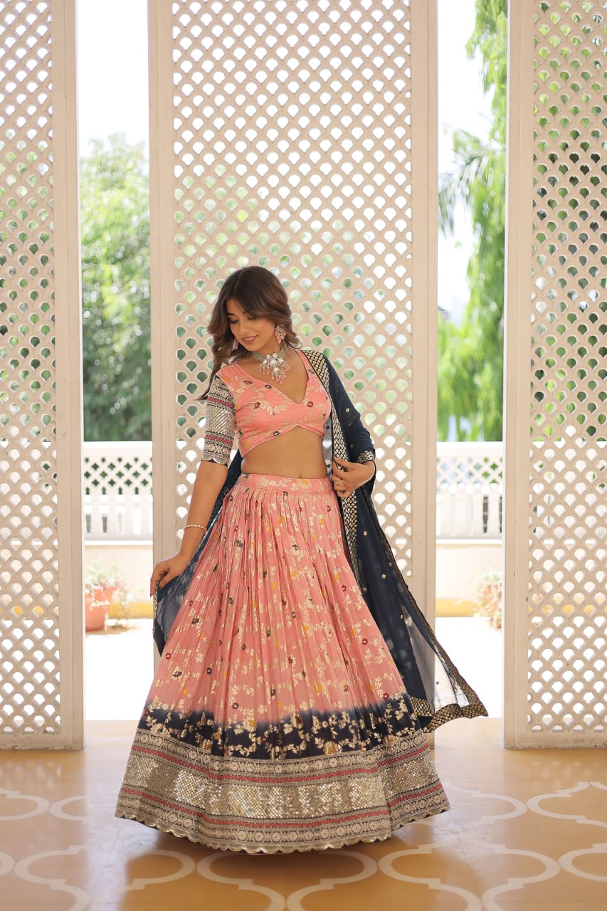 Lorenvalley Peach Pure Viscose Jacquard with 2D Dyeing and Embroidered Sequins work Lehenga Choli | Grocsy
