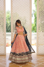 Lorenvalley Peach Pure Viscose Jacquard with 2D Dyeing and Embroidered Sequins work Lehenga Choli | Grocsy