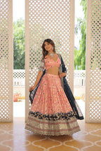 Lorenvalley Peach Pure Viscose Jacquard with 2D Dyeing and Embroidered Sequins work Lehenga Choli | Grocsy