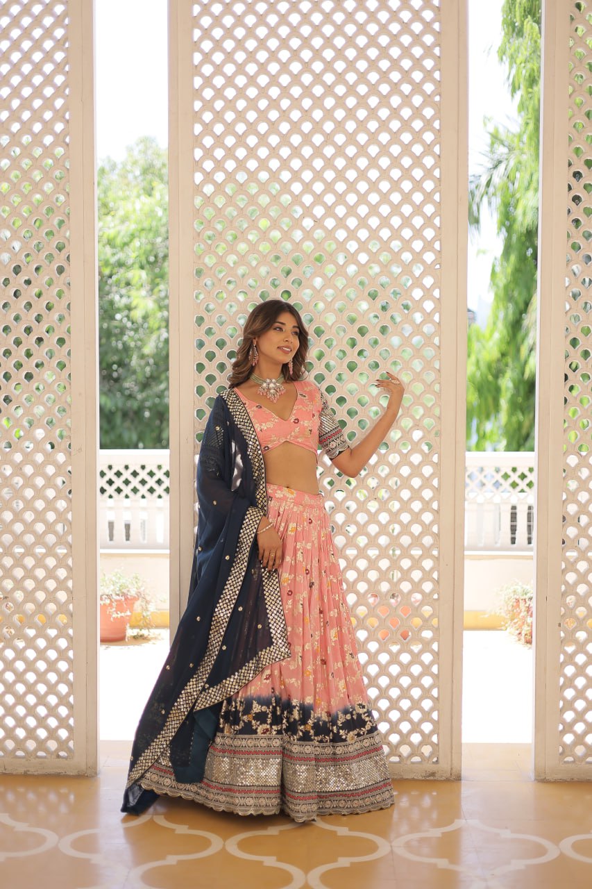 Lorenvalley Peach Pure Viscose Jacquard with 2D Dyeing and Embroidered Sequins work Lehenga Choli | Grocsy