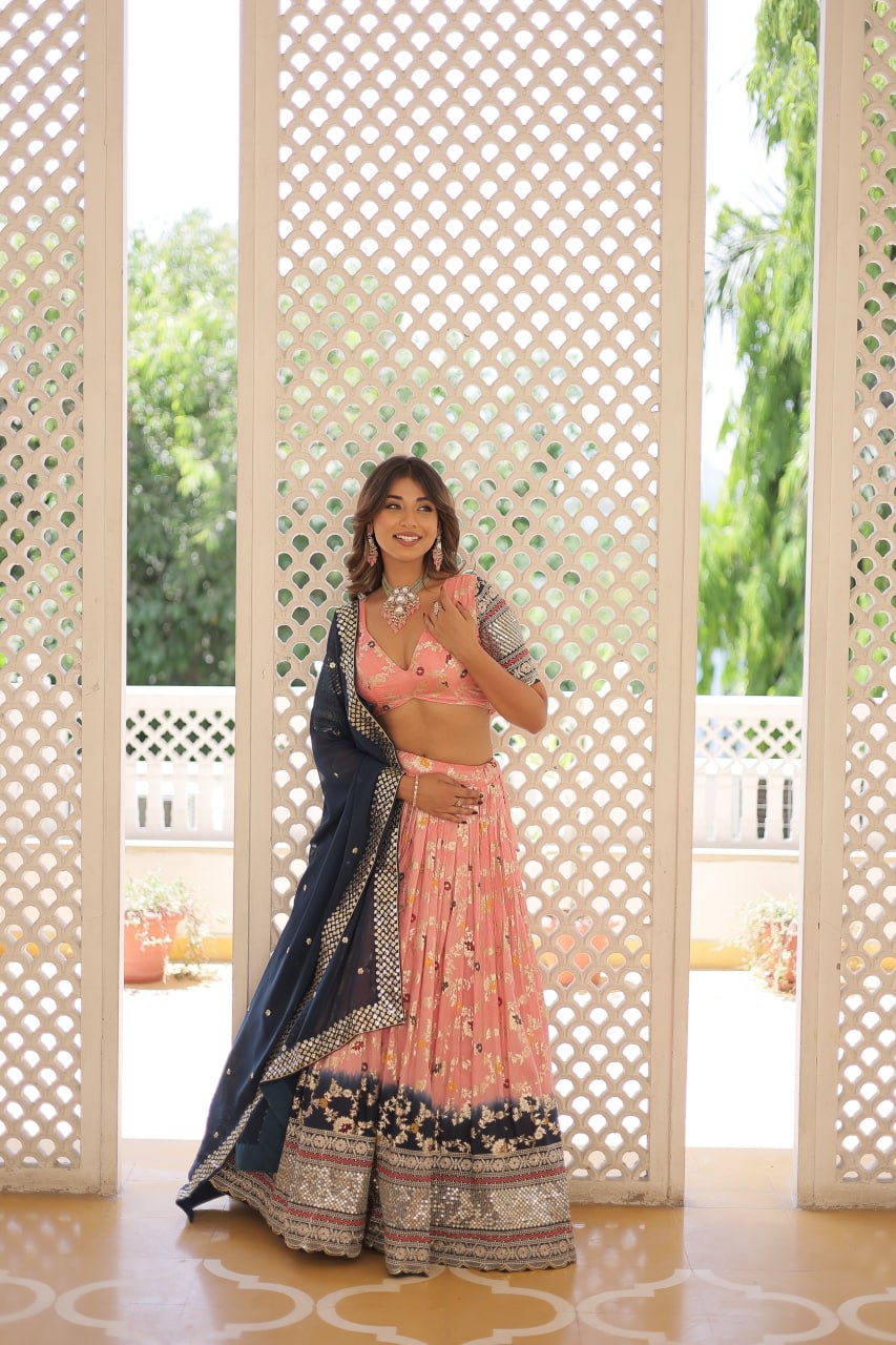 Lorenvalley Peach Pure Viscose Jacquard with 2D Dyeing and Embroidered Sequins work Lehenga Choli | Grocsy