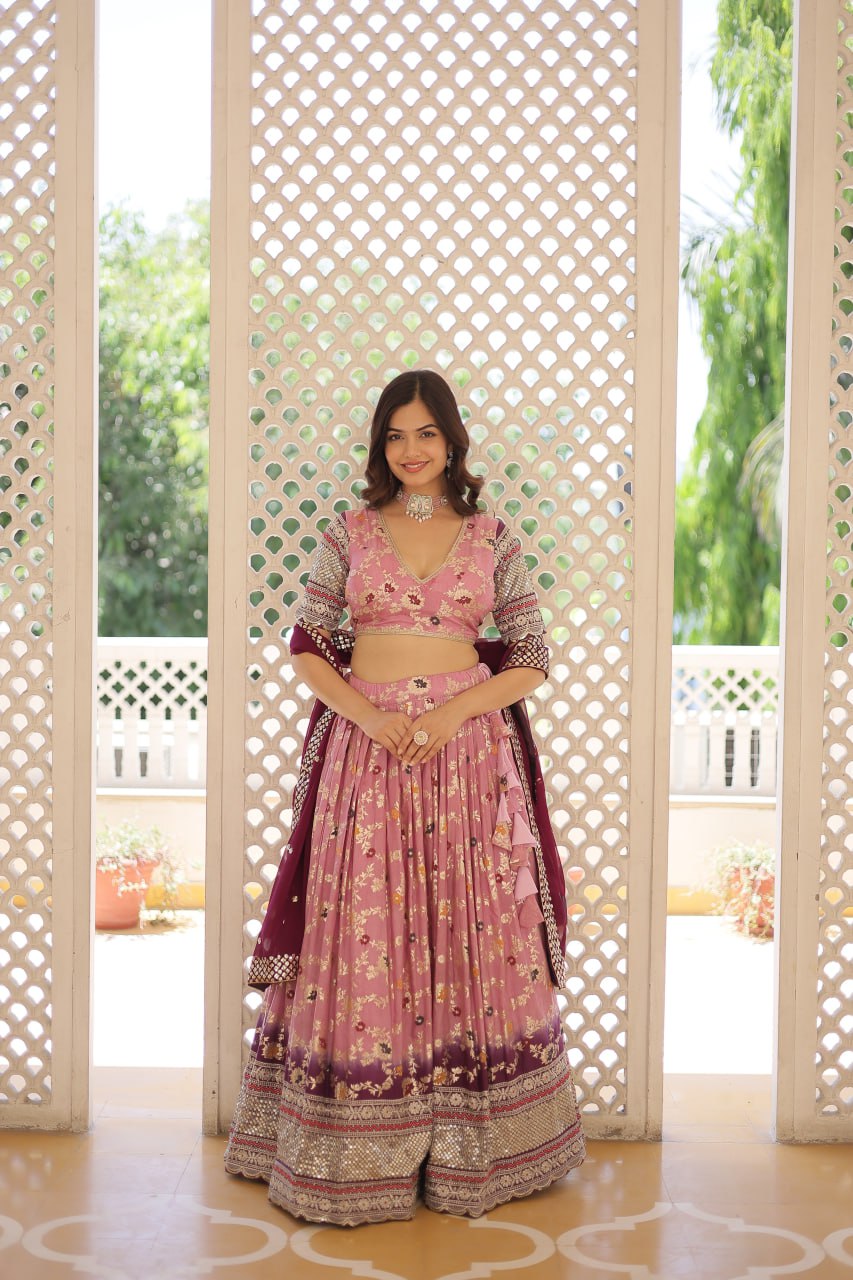 Lorenvalley Pink Pure Viscose Jacquard with 2D Dyeing and Embroidered Sequins work Lehenga Choli | Grocsy