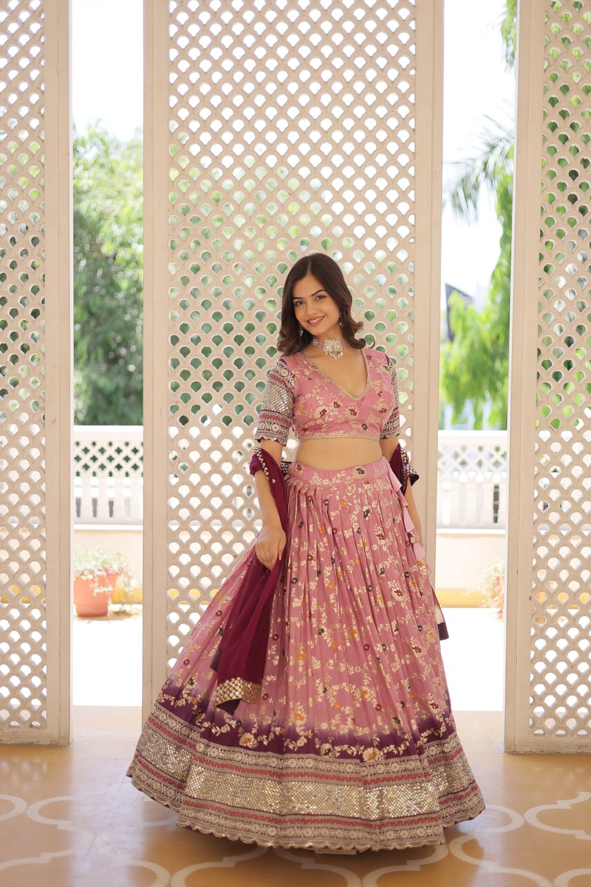 Lorenvalley Pink Pure Viscose Jacquard with 2D Dyeing and Embroidered Sequins work Lehenga Choli | Grocsy