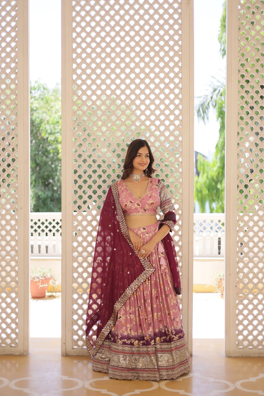 Lorenvalley Pink Pure Viscose Jacquard with 2D Dyeing and Embroidered Sequins work Lehenga Choli | Grocsy