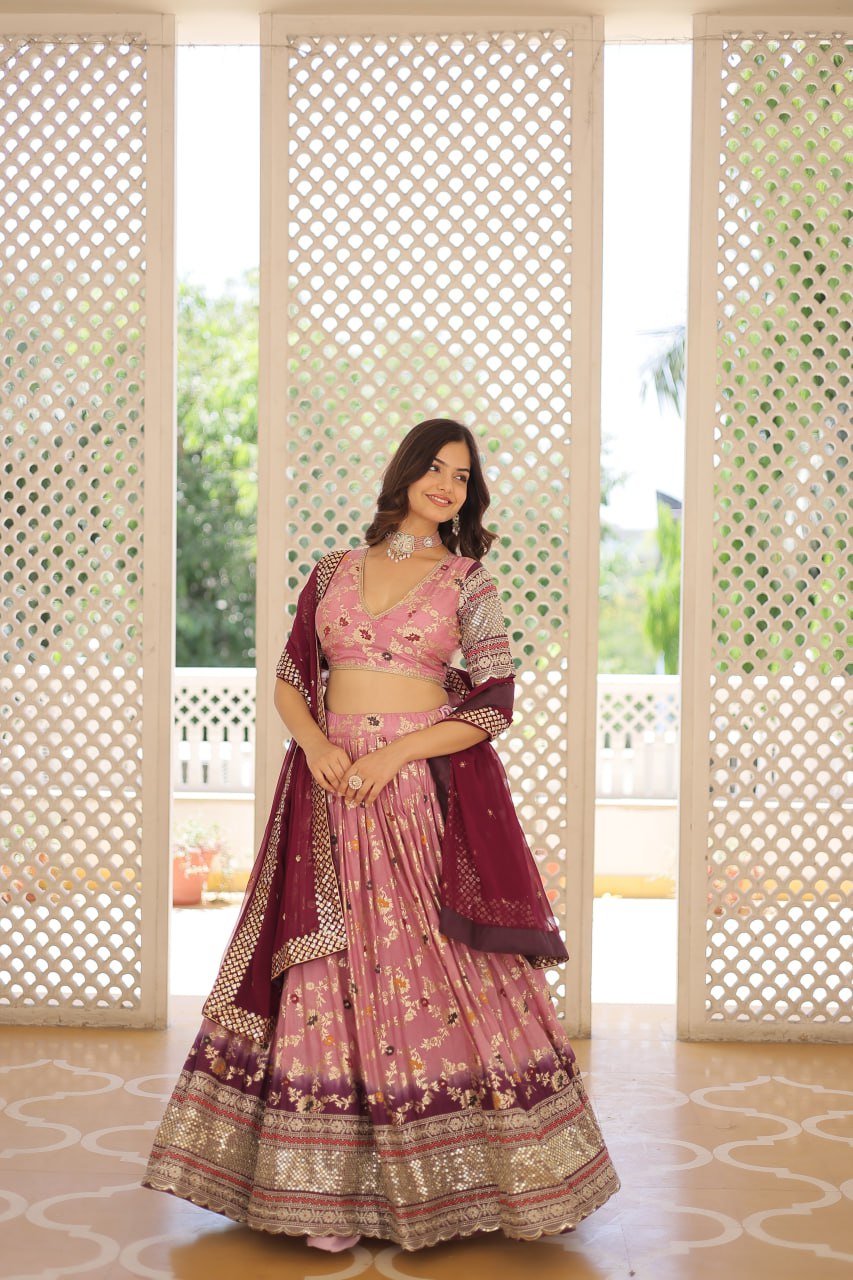 Lorenvalley Pink Pure Viscose Jacquard with 2D Dyeing and Embroidered Sequins work Lehenga Choli | Grocsy