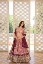 Lorenvalley Pink Pure Viscose Jacquard with 2D Dyeing and Embroidered Sequins work Lehenga Choli | Grocsy
