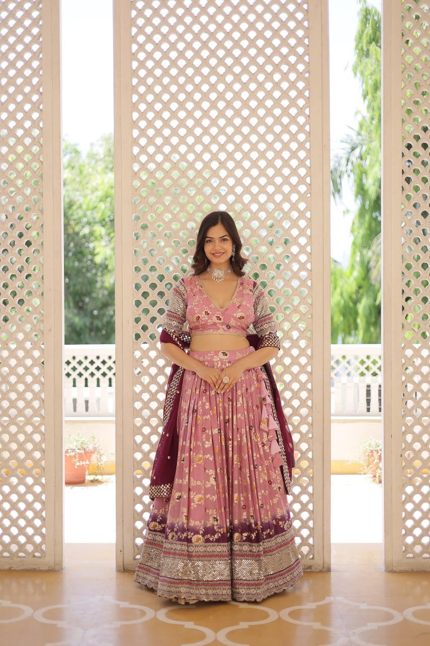 Lorenvalley Pink Pure Viscose Jacquard with 2D Dyeing and Embroidered Sequins work Lehenga Choli | Grocsy