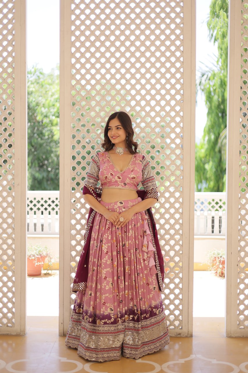 Lorenvalley Pink Pure Viscose Jacquard with 2D Dyeing and Embroidered Sequins work Lehenga Choli | Grocsy