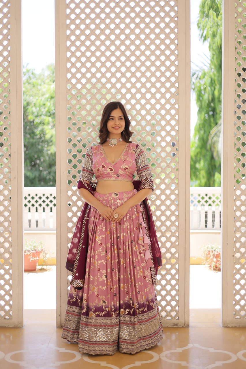 Lorenvalley Pink Pure Viscose Jacquard with 2D Dyeing and Embroidered Sequins work Lehenga Choli | Grocsy