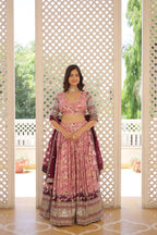 Lorenvalley Pink Pure Viscose Jacquard with 2D Dyeing and Embroidered Sequins work Lehenga Choli | Grocsy
