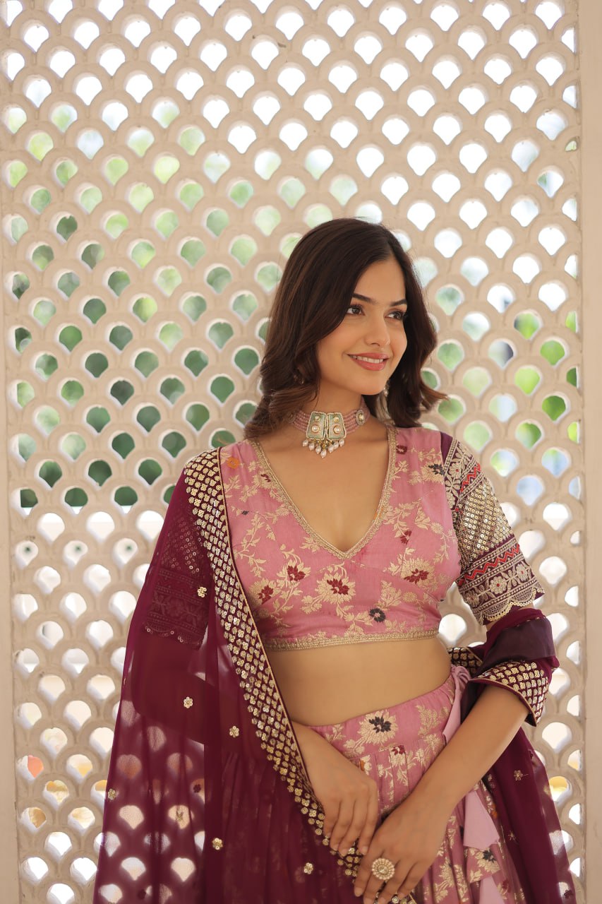 Lorenvalley Pink Pure Viscose Jacquard with 2D Dyeing and Embroidered Sequins work Lehenga Choli | Grocsy