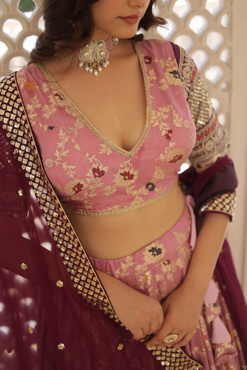 Lorenvalley Pink Pure Viscose Jacquard with 2D Dyeing and Embroidered Sequins work Lehenga Choli | Grocsy