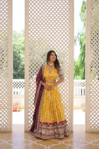 Lorenvalley Yellow Pure Viscose Jacquard with 2D Dyeing and Embroidered Sequins work Lehenga Choli | Grocsy