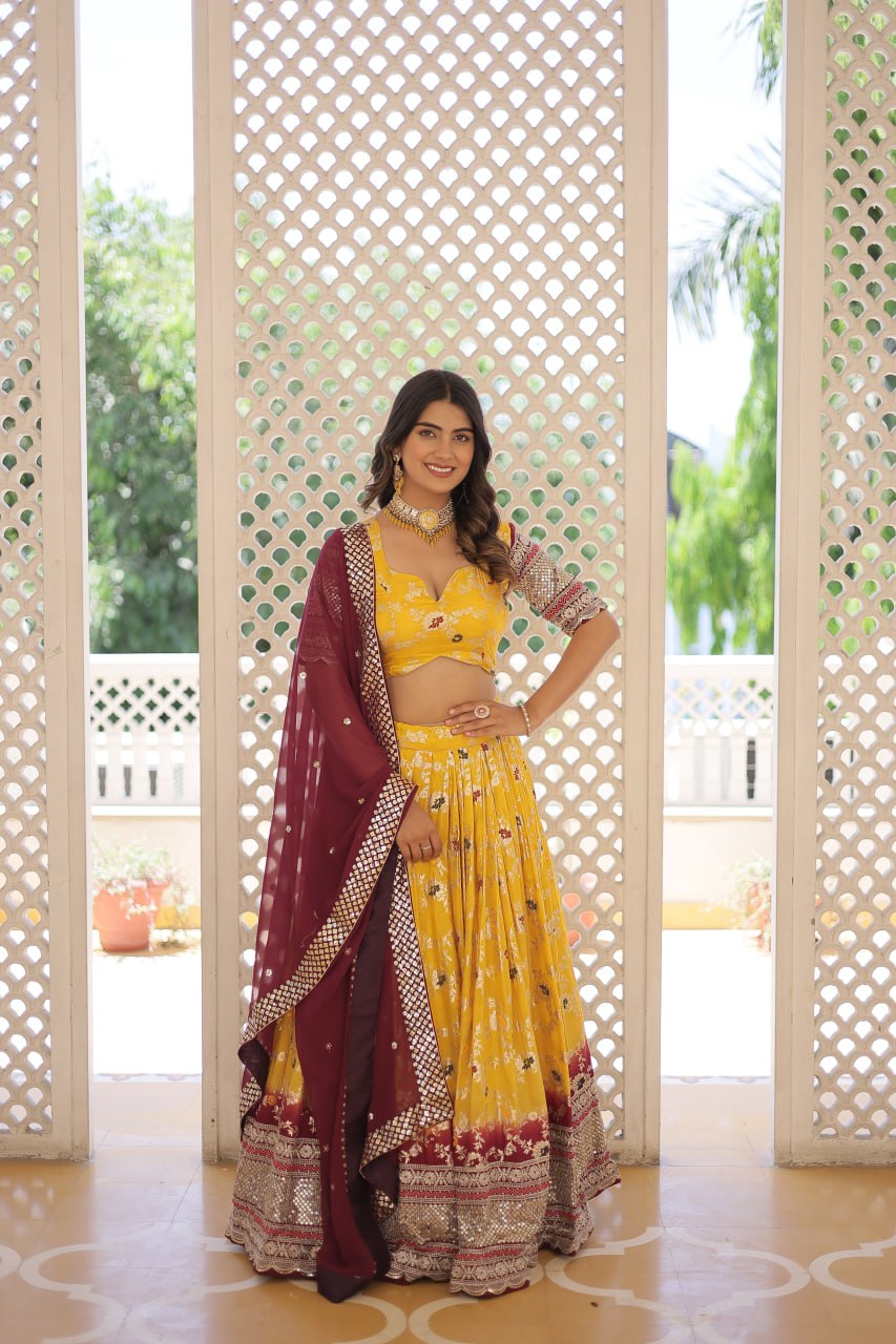 Lorenvalley Yellow Pure Viscose Jacquard with 2D Dyeing and Embroidered Sequins work Lehenga Choli | Grocsy
