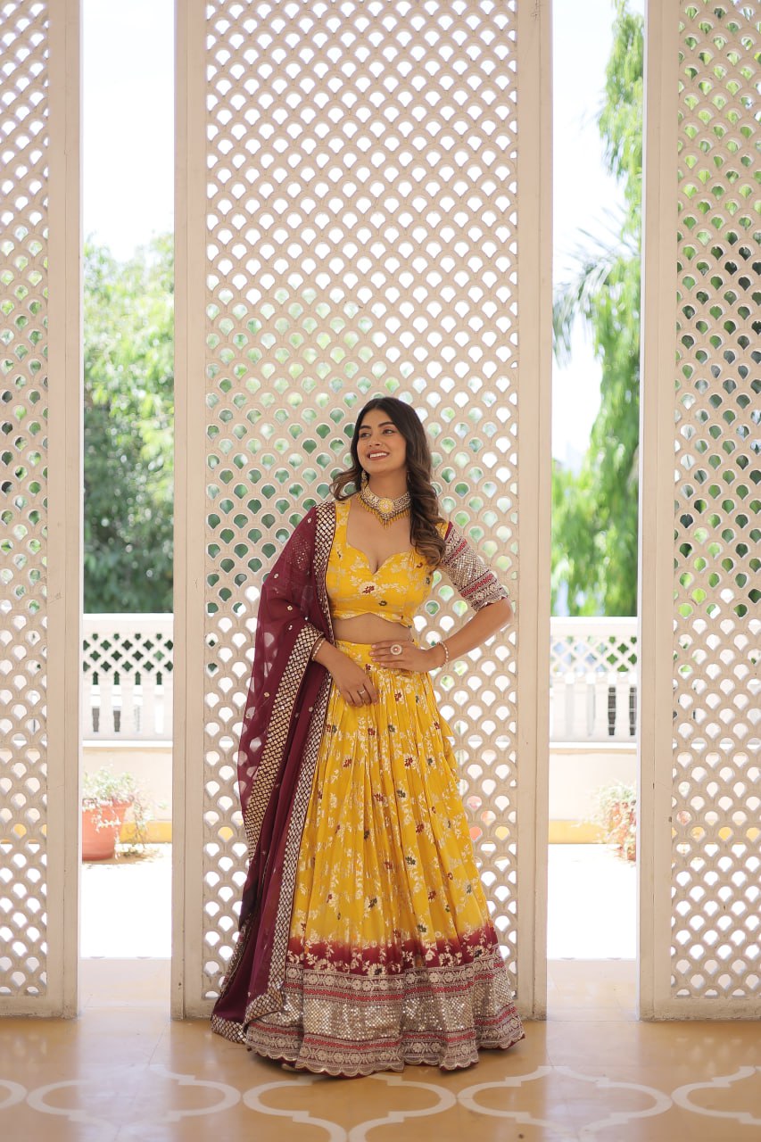 Lorenvalley Yellow Pure Viscose Jacquard with 2D Dyeing and Embroidered Sequins work Lehenga Choli | Grocsy