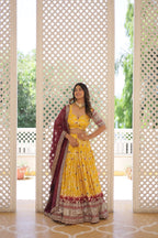 Lorenvalley Yellow Pure Viscose Jacquard with 2D Dyeing and Embroidered Sequins work Lehenga Choli | Grocsy
