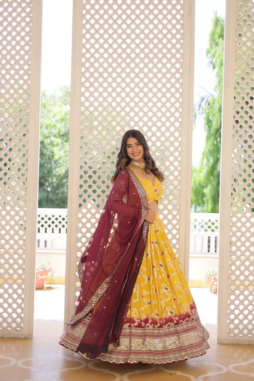 Lorenvalley Yellow Pure Viscose Jacquard with 2D Dyeing and Embroidered Sequins work Lehenga Choli | Grocsy