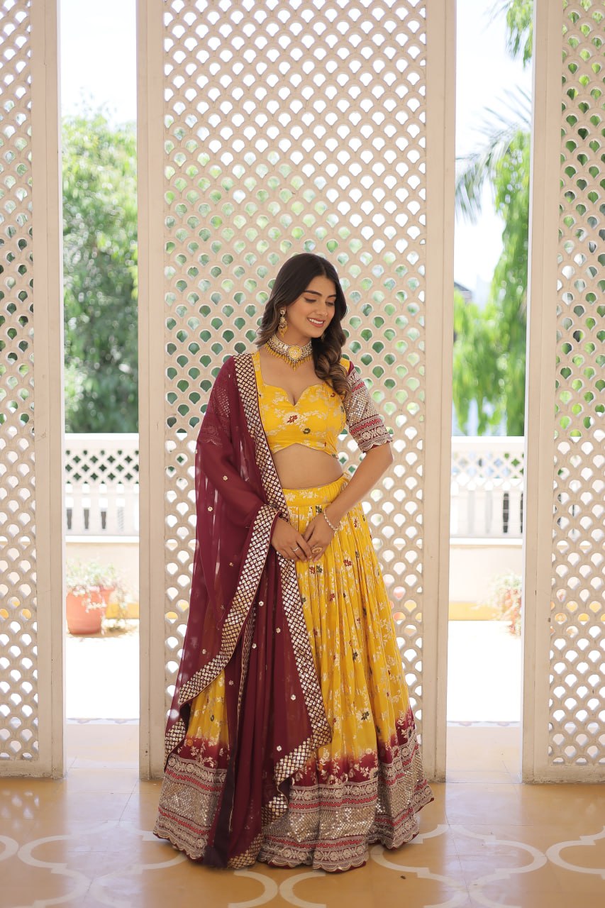 Lorenvalley Yellow Pure Viscose Jacquard with 2D Dyeing and Embroidered Sequins work Lehenga Choli | Grocsy