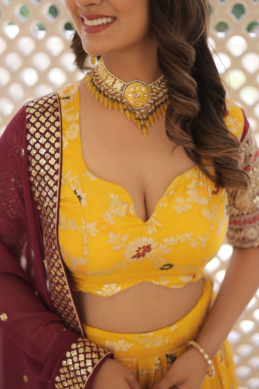 Lorenvalley Yellow Pure Viscose Jacquard with 2D Dyeing and Embroidered Sequins work Lehenga Choli | Grocsy