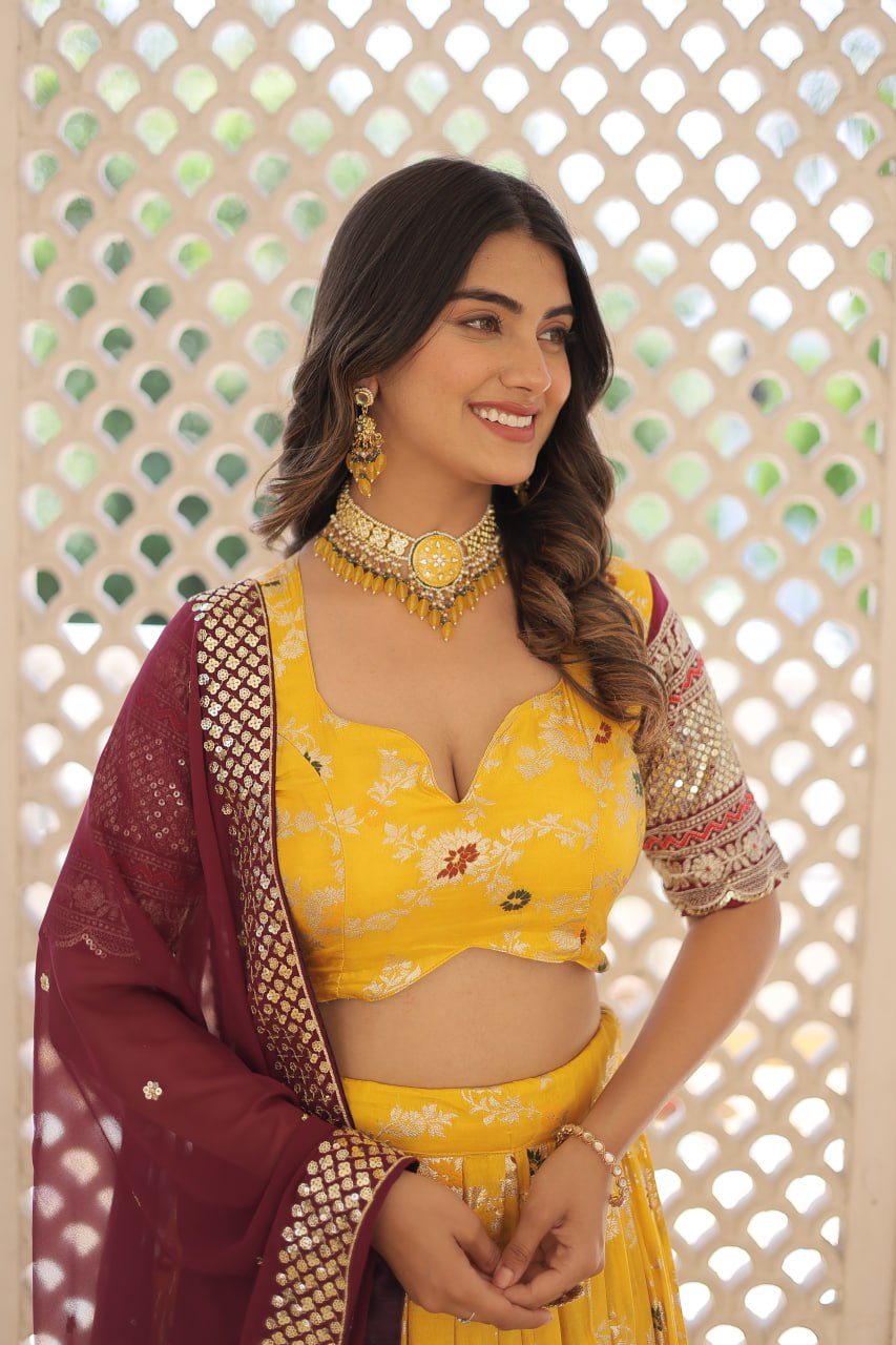 Lorenvalley Yellow Pure Viscose Jacquard with 2D Dyeing and Embroidered Sequins work Lehenga Choli | Grocsy