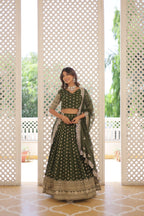 Lorenvalley Green Pure Viscose Jacquard with Double Zari work Lehenga Choli | Grocsy
