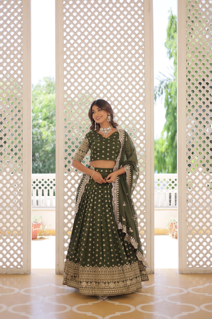 Lorenvalley Green Pure Viscose Jacquard with Double Zari work Lehenga Choli | Grocsy