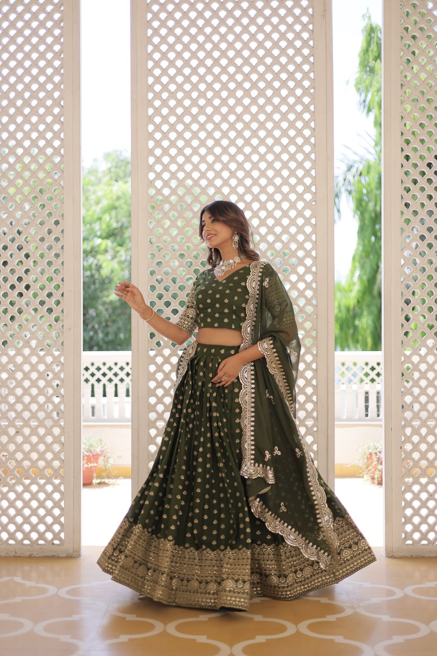 Lorenvalley Green Pure Viscose Jacquard with Double Zari work Lehenga Choli | Grocsy