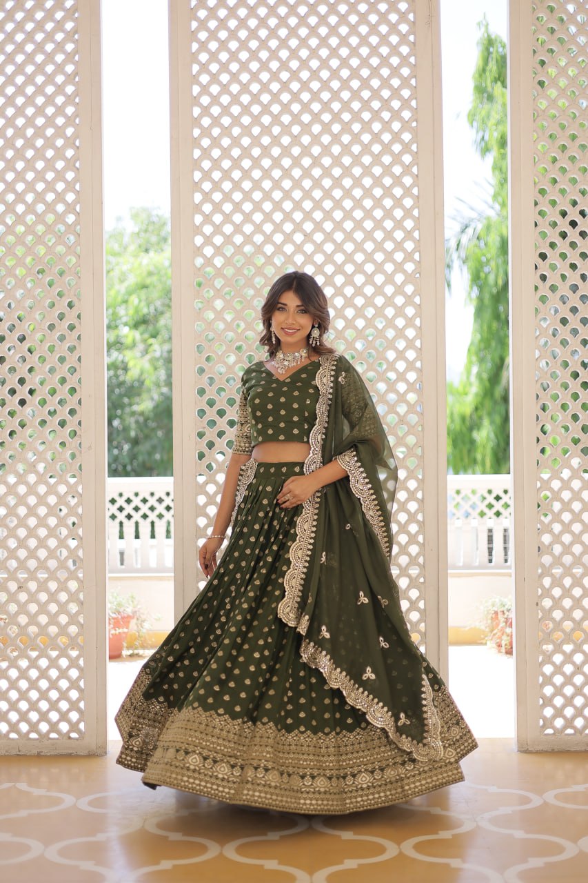 Lorenvalley Green Pure Viscose Jacquard with Double Zari work Lehenga Choli | Grocsy