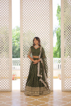 Lorenvalley Green Pure Viscose Jacquard with Double Zari work Lehenga Choli | Grocsy