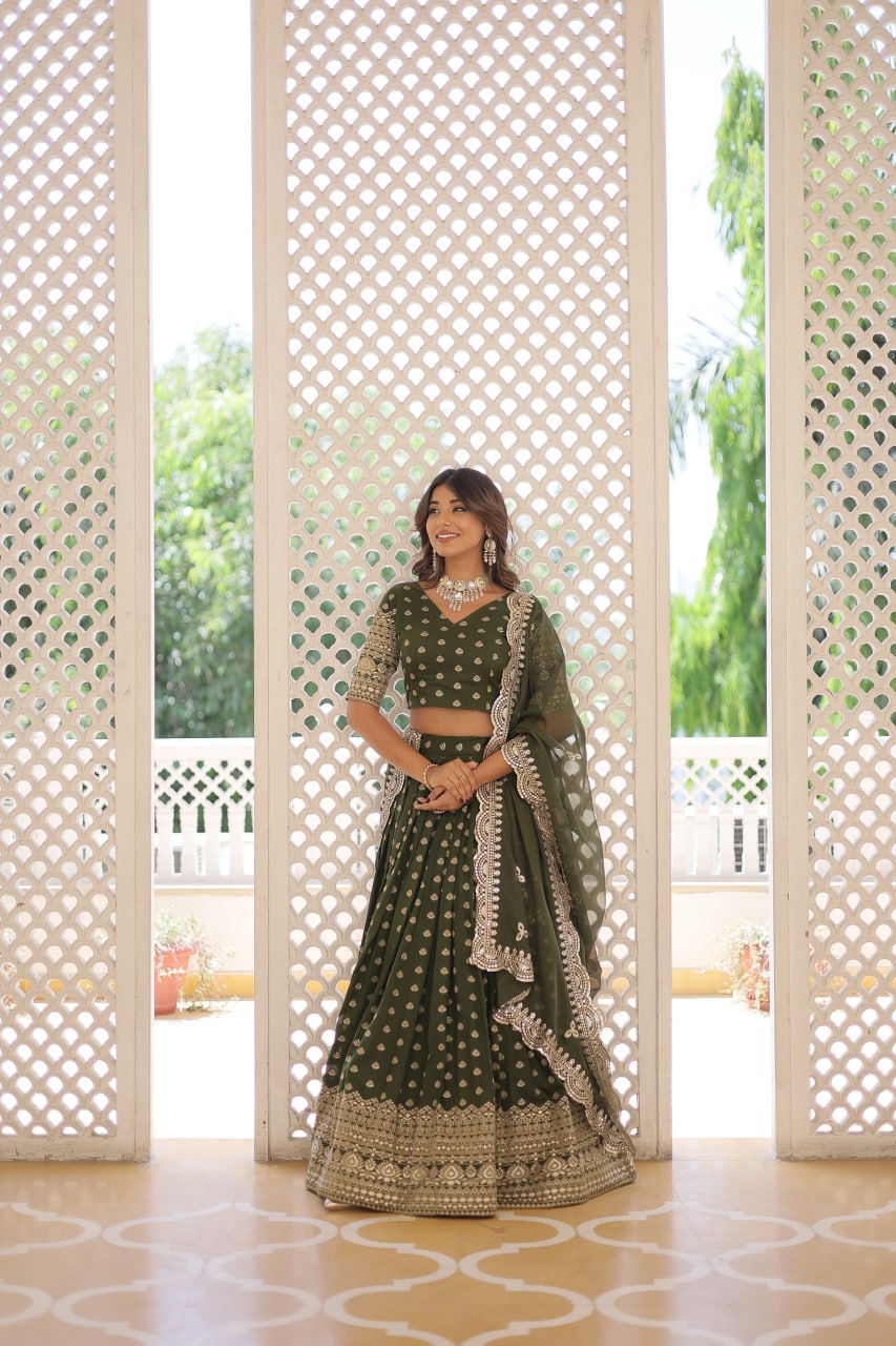 Lorenvalley Green Pure Viscose Jacquard with Double Zari work Lehenga Choli | Grocsy