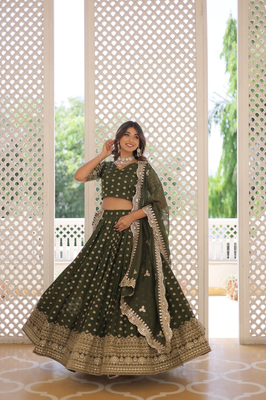 Lorenvalley Green Pure Viscose Jacquard with Double Zari work Lehenga Choli | Grocsy