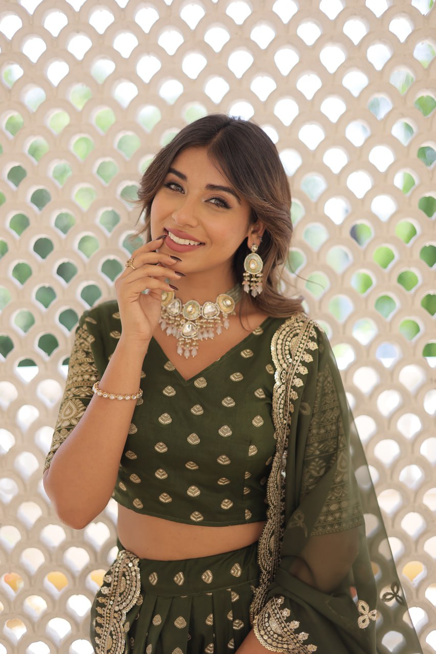 Lorenvalley Green Pure Viscose Jacquard with Double Zari work Lehenga Choli | Grocsy