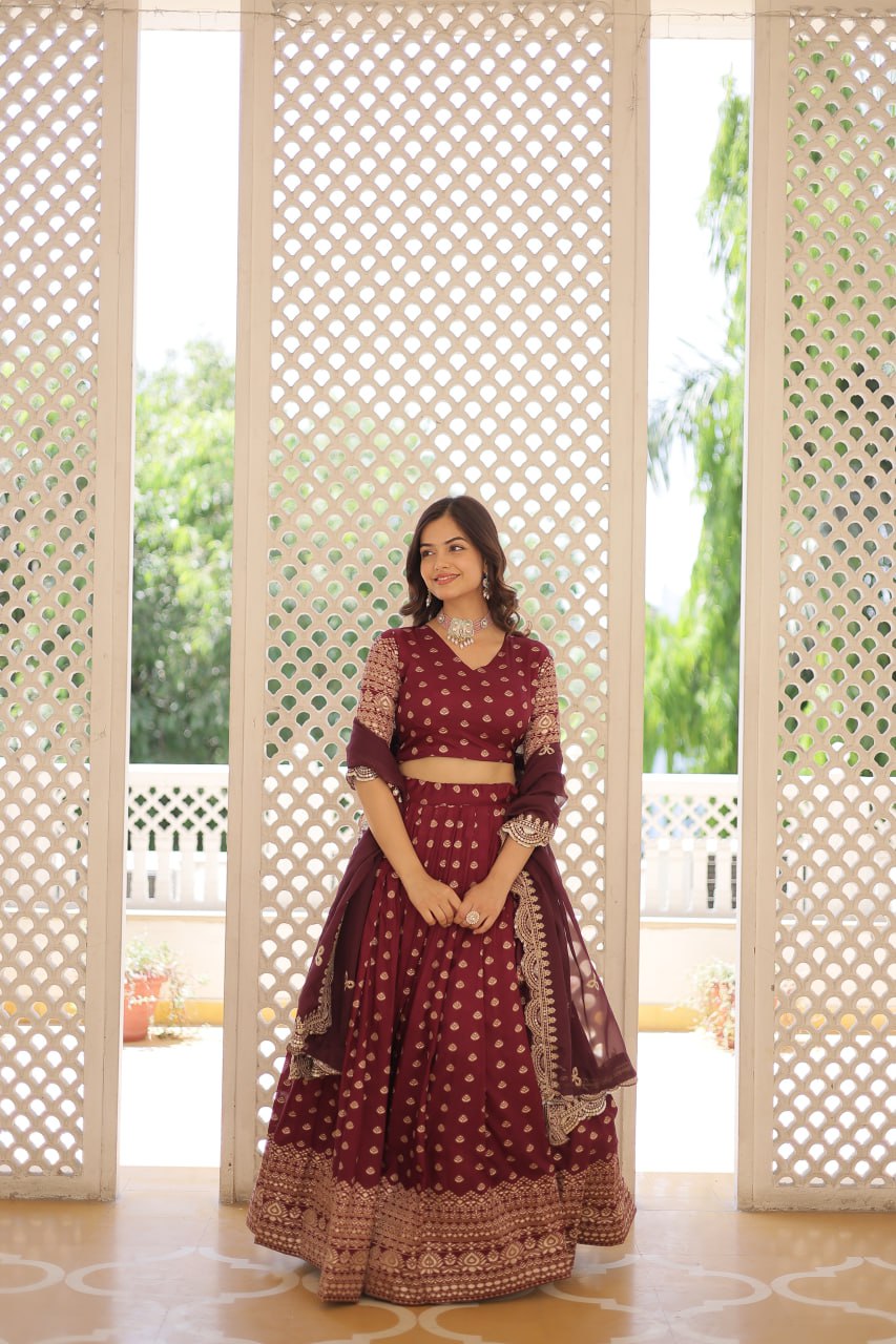 Lorenvalley Maroon Pure Viscose Jacquard with Double Zari work Lehenga Choli | Grocsy