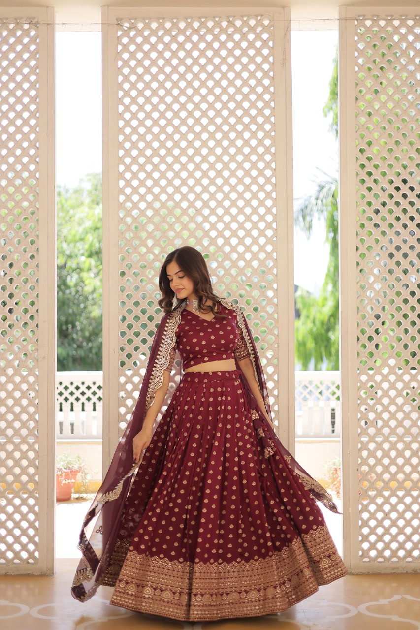 Lorenvalley Maroon Pure Viscose Jacquard with Double Zari work Lehenga Choli | Grocsy