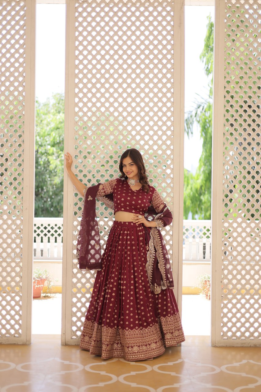 Lorenvalley Maroon Pure Viscose Jacquard with Double Zari work Lehenga Choli | Grocsy