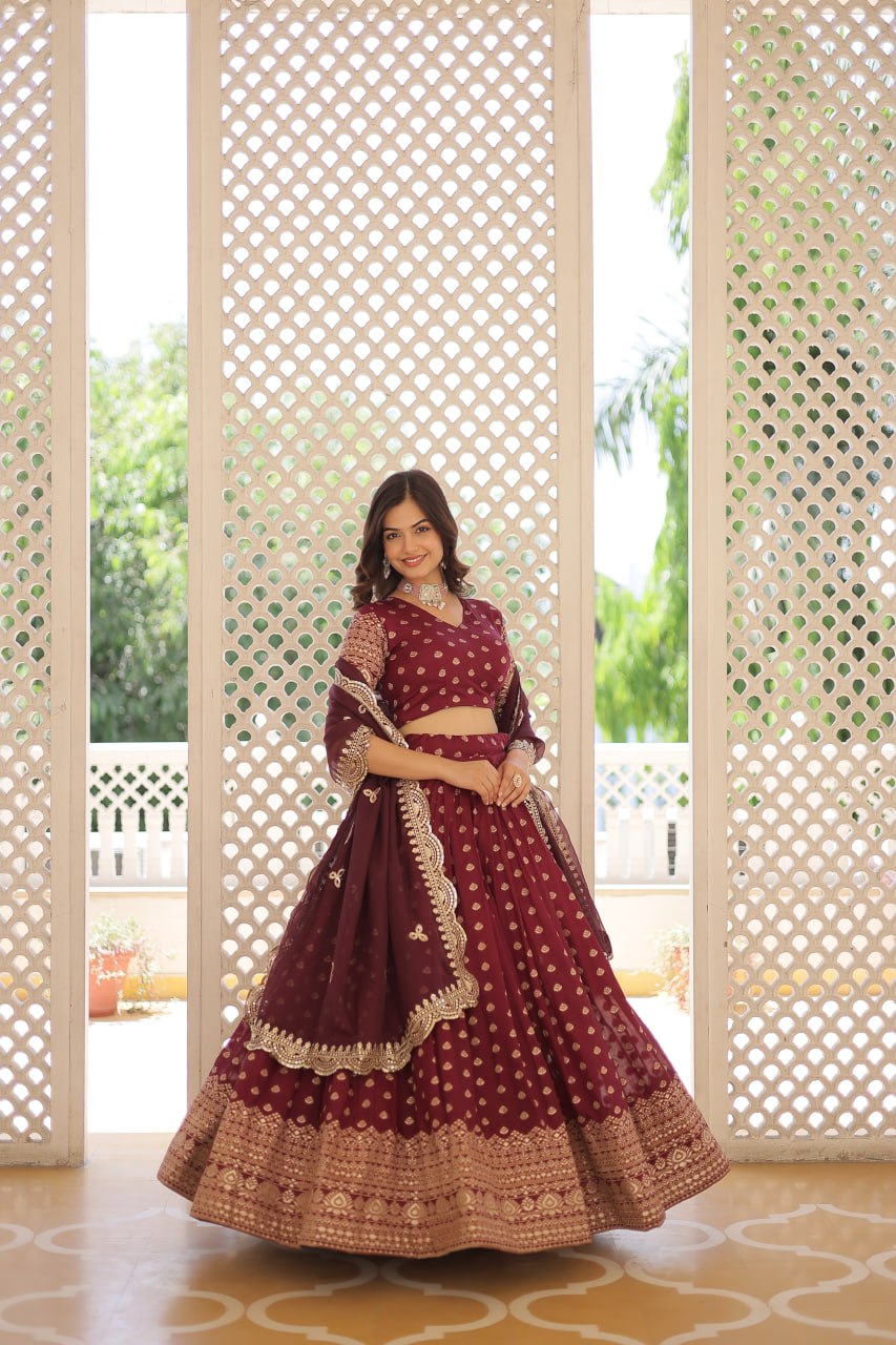 Lorenvalley Maroon Pure Viscose Jacquard with Double Zari work Lehenga Choli | Grocsy