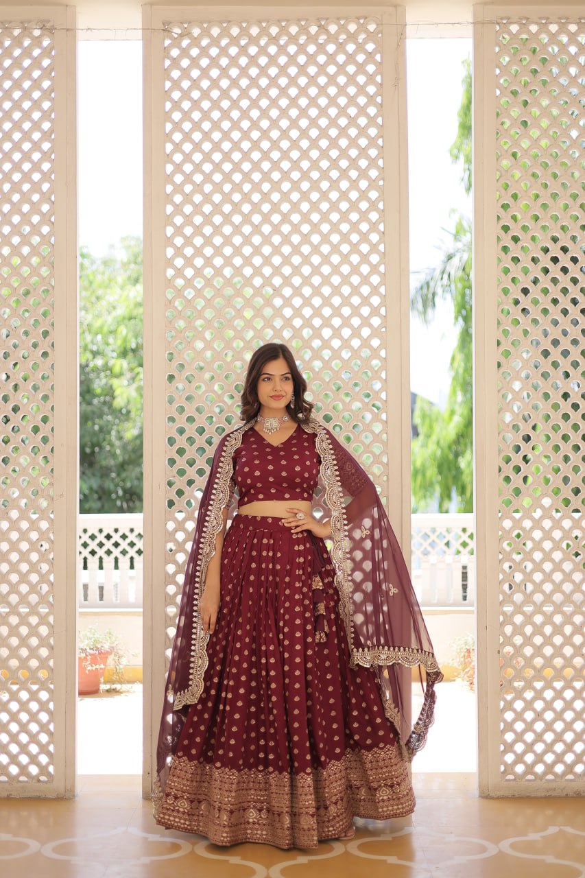 Lorenvalley Maroon Pure Viscose Jacquard with Double Zari work Lehenga Choli | Grocsy