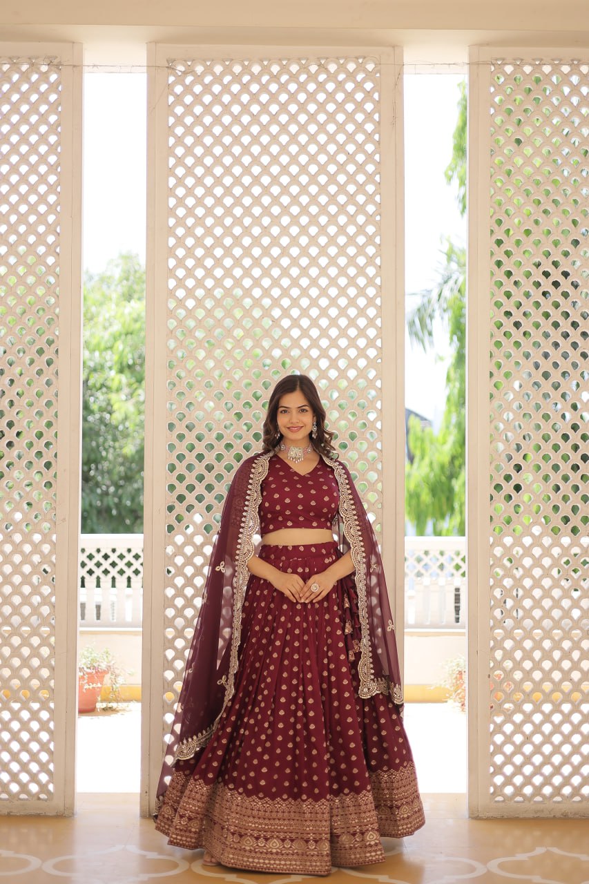 Lorenvalley Maroon Pure Viscose Jacquard with Double Zari work Lehenga Choli | Grocsy