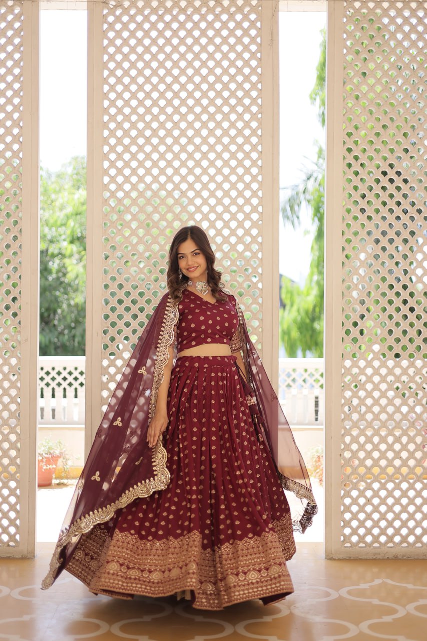 Lorenvalley Maroon Pure Viscose Jacquard with Double Zari work Lehenga Choli | Grocsy