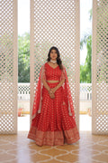 Lorenvalley Red Pure Viscose Jacquard with Double Zari work Lehenga Choli | Grocsy