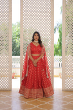 Lorenvalley Red Pure Viscose Jacquard with Double Zari work Lehenga Choli | Grocsy