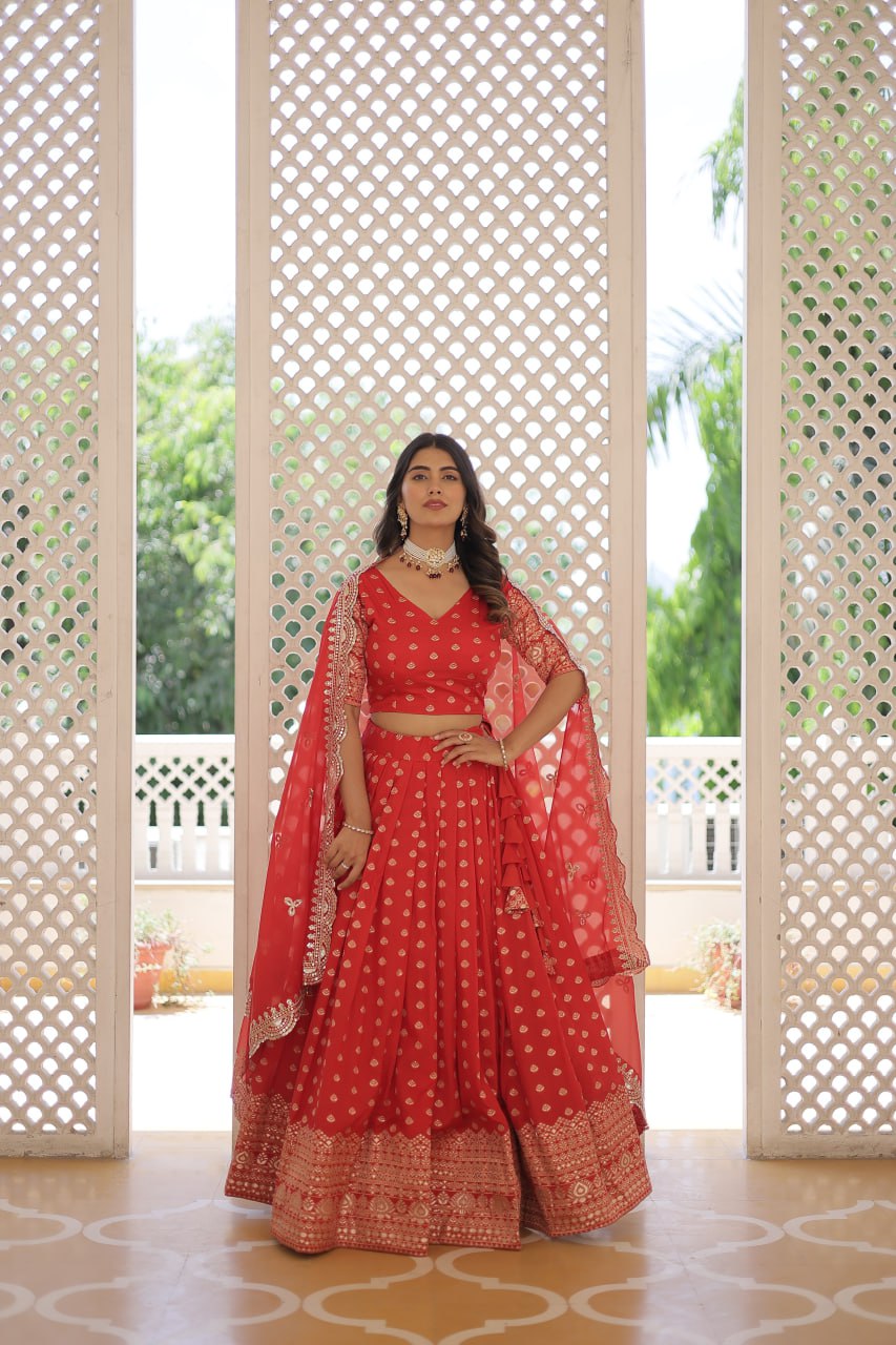 Lorenvalley Red Pure Viscose Jacquard with Double Zari work Lehenga Choli | Grocsy