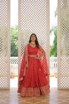Lorenvalley Red Pure Viscose Jacquard with Double Zari work Lehenga Choli | Grocsy