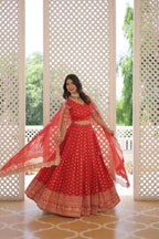 Lorenvalley Red Pure Viscose Jacquard with Double Zari work Lehenga Choli | Grocsy